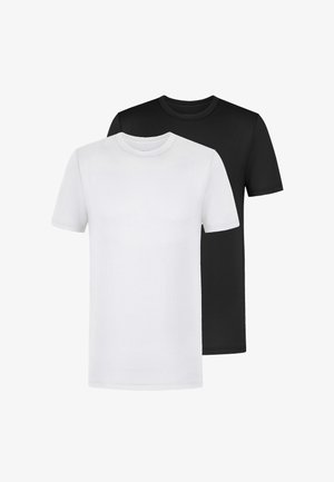 To ensfarvede kortærmede t-shirts med rund hals, en hvid foran og en sort bagpå, på hvid baggrund.