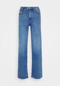 Modré džínové kalhoty s širokými nohavicemi a vysokým pasem, pětipocketový design a mírně vybledlý vzhled. Mají kovové zapínání na knoflík a zip.