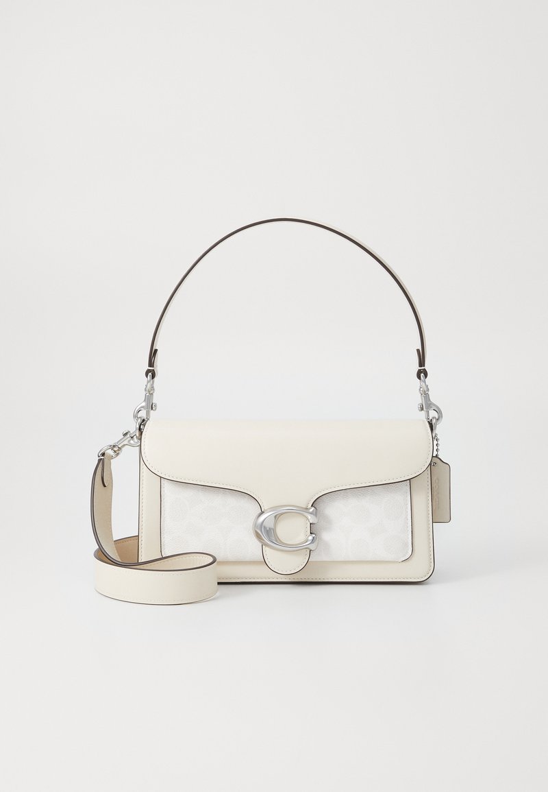 White leather handbag with a smooth finish, featuring a silver logo clasp, detachable shoulder strap, and a subtle pattern on the front.