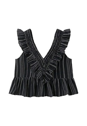 Top corto nero senza maniche con strisce verticali bianche, scollatura a V arricciata e orlo arricciato.