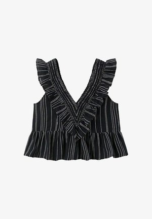 Crop top noir sans manches avec des rayures verticales blanches, un col en V à volants et un ourlet à volants.