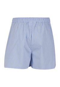 Hellblaue Baumwollboxershorts mit weißen vertikalen Streifen. Verfügt über einen elastischen Bund und eine lockere Passform. Glatte Textur, schlichtes Design.