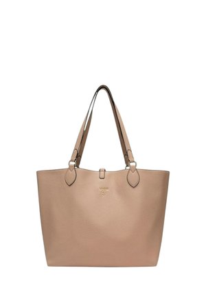 Borsa tote in pelle beige con doppi manici a spalla e piccolo logo dorato centrato sotto l'apertura.