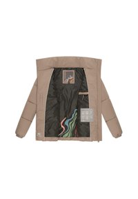 Pufferjack in taupe met een gladde buitenstof en een gewatteerde textuur. Zwarte binnenkant met kleurrijke golfpatronen en labeldetails.