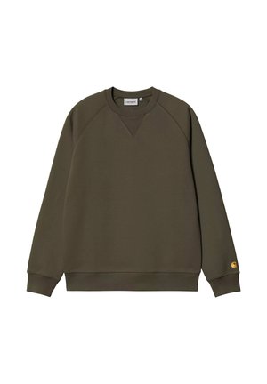 Felpa verde oliva con girocollo, polsini e orlo a costine, dettaglio a punto triangolare sotto il colletto e piccolo logo giallo sul polsino sinistro.