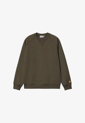 Felpa verde oliva con girocollo, polsini e orlo a costine, dettaglio a punto triangolare sotto il colletto e piccolo logo giallo sul polsino sinistro.