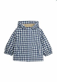 Giacca con cappuccio a quadri blu e bianchi, con polsini elastici, due tasche anteriori e un morbido rivestimento interno. Vestibilità regolare, materiale leggero.