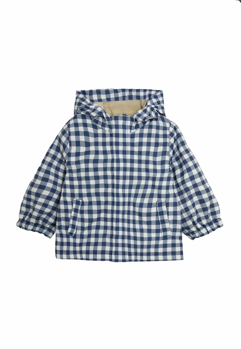 Giacca con cappuccio a quadri blu e bianchi, con polsini elastici, due tasche anteriori e un morbido rivestimento interno. Vestibilità regolare, materiale leggero.
