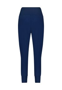 Marineblaue Sporthosen aus dehnbarem Material mit hohem Bund und schmal zulaufenden Bündchen an den Knöcheln. Glatte Textur ohne Muster.