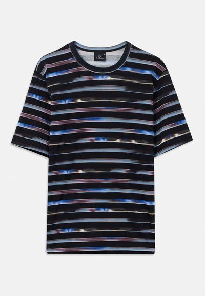 Black short-sleeve T-shirt with horizontal stripes in blue, purple, and beige, featuring a round neckline and a small brand label inside the collar.