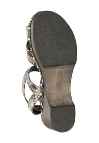 Strappy sandal with a textured black sole, featuring a snake print upper and decorative gold studs along the straps, sized 37.