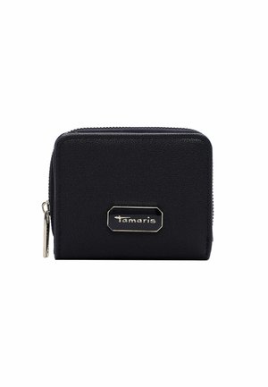 Portafoglio nero con texture, dotato di chiusura con zip, con un prominente logo Tamaris rettangolare in oro e nero sul davanti.