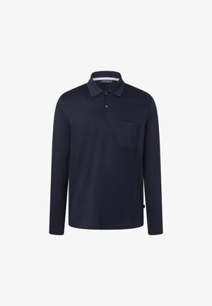 Navy niebieska koszulka polo z długim rękawem, wykonana z miękkiego materiału, z kołnierzykiem, zapięciem na trzy guziki oraz kieszonką na piersi.