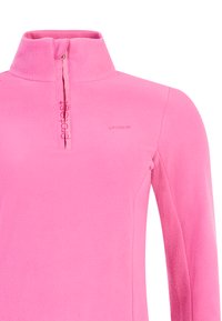 Rosa Fleece-Pullover mit hohem Kragen und Viertelreißverschluss. Mit einer weichen Textur und einem kleinen Logo auf der Brust. Lange Ärmel sind enthalten.