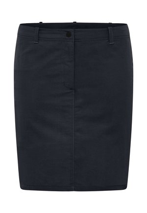 Katoen-blend marineblauwe rok met een rechte snit, voorzak, ceintuurlussen en een enkele knoopsluiting op de taille. Glad textuur.