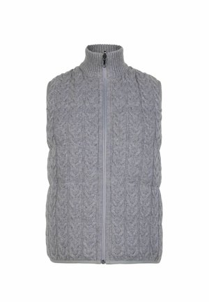 Light gray cable-knit sleeveless vest with a front zipper and ribbed high collar, displayed on white background.