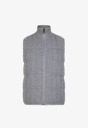 Gilet sans manches en tricot câble gris clair avec une fermeture éclair à l'avant et un col haut côtelé, présenté sur fond blanc.