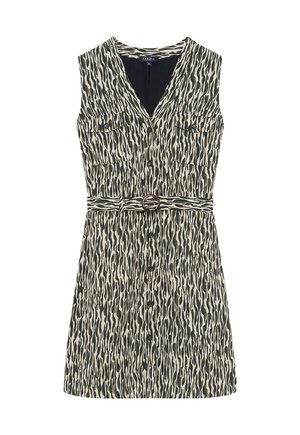 Robe sans manches avec un décolleté en V, motif ondulé vert et beige, deux poches avant et une taille ceinturée avec une boucle circulaire.