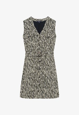 Mouwloze jurk met een V-hals, groen en beige golvend patroon, twee voorzakken en een taille met riem en een ronde gesp.