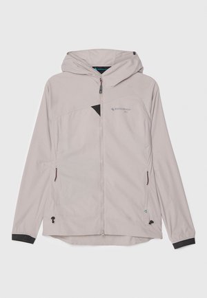 Light gray jacket with a hood, front zipper, and two side pockets. Features a diagonal black accent and elastic cuffs. Smooth texture.