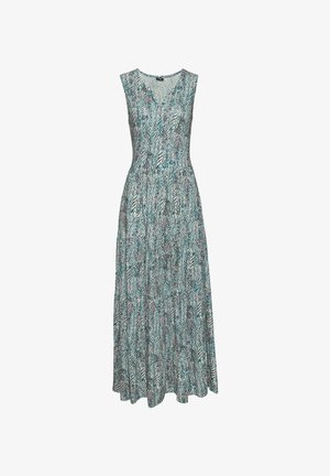 Robe maxi avec un décolleté en V et sans manches. Fabriquée en tissu léger avec un motif zigzag multicolore en teal, noir et blanc.