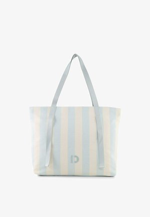 Borsa a sacco con strisce verticali azzurro chiaro e bianche, due manici lunghi azzurro chiaro e un piccolo logo in rilievo al centro davanti.