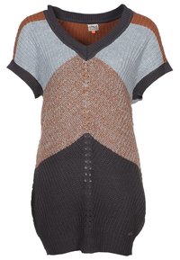 Maglione corto a maniche corte in maglia con scollo a V, design a blocchi di colore in blu chiaro, marrone e grigio scuro, tessuto testurizzato e orli a costine.