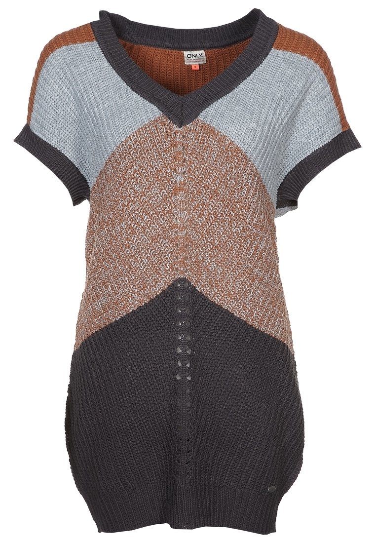 Maglione corto a maniche corte in maglia con scollo a V, design a blocchi di colore in blu chiaro, marrone e grigio scuro, tessuto testurizzato e orli a costine.