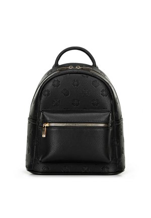 Schwarzer Leder-Rucksack mit strukturierter Oberfläche, runder Form, vorderem Reißverschlussfach und Akzenten aus goldfarbenem Metall. Geprägte Logo-Details.
