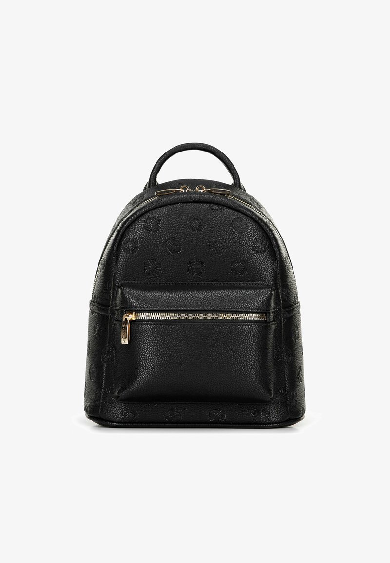 Sac à dos en cuir noir avec une finition texturée, forme arrondie, poche zippée à l'avant et accents en métal doré. Détails du logo embossé.