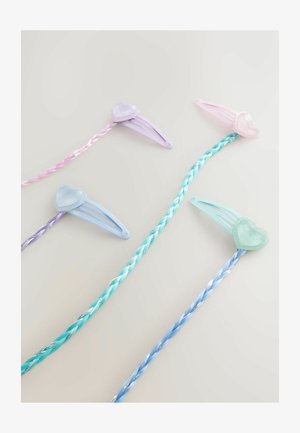 Assortiment haarspelden in pasteltinten: lavendel, muntgroen en roze. Met hartvormige accenten en gedraaide strengen, gemaakt van glanzend plastic.