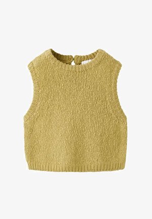 Bluză tricotată fără mâneci, de culoare verde măsliniu deschis, cu decolteu rotund și detaliu cheie la spate. Material fin, texturat, cu design scurt.