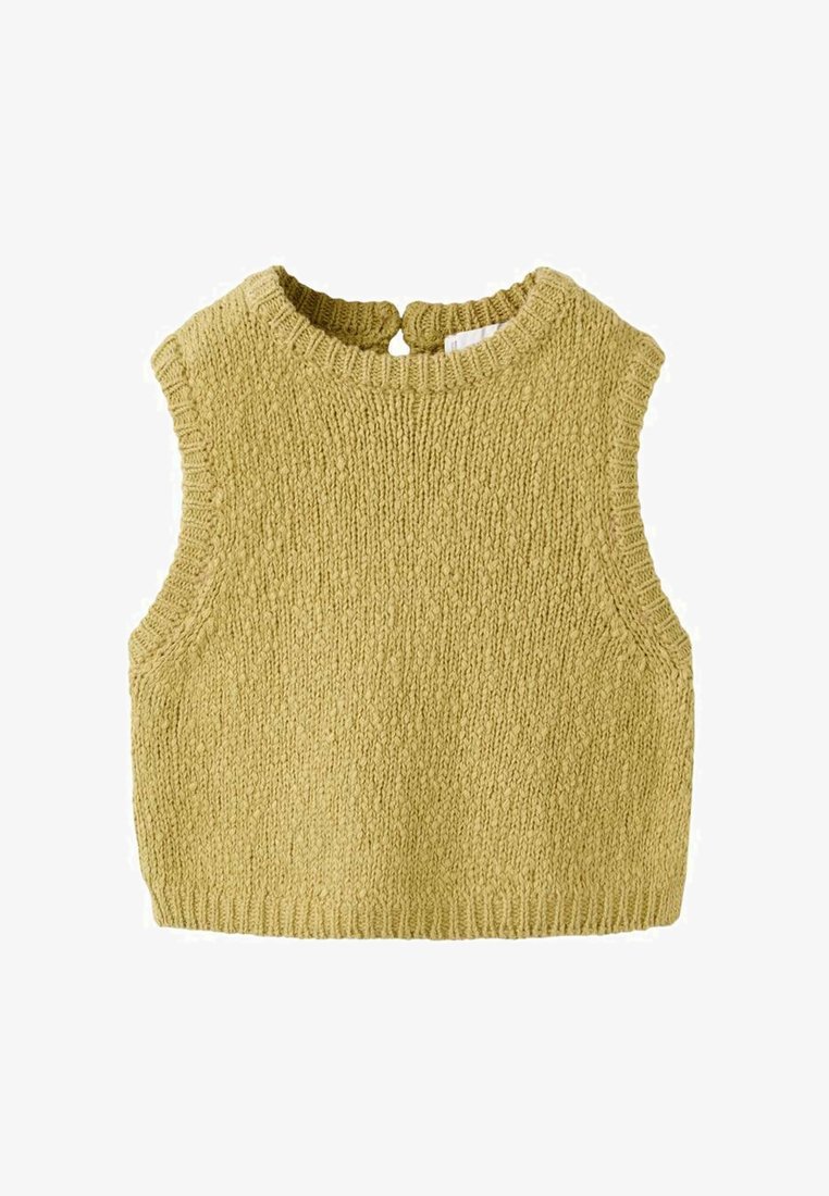 Bluză tricotată fără mâneci, de culoare verde măsliniu deschis, cu decolteu rotund și detaliu cheie la spate. Material fin, texturat, cu design scurt.