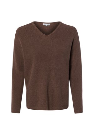 Pull en tricot marron à manches longues avec col en V et texture côtelée, présenté sur fond blanc.