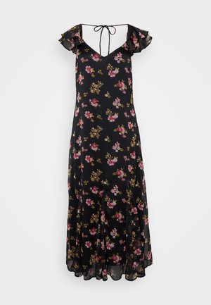 Černé květinové šaty s volánovými rukávy, hlubokým véčkovým výstřihem a zavazováním. Na lehkém materiálu jsou růžové a žluté květiny. Délka midi.
