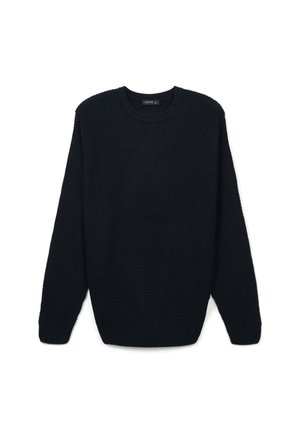 Maglione lavorato a maglia verde scuro con scollo rotondo e maniche lunghe. Presenta un tessuto testurizzato e polsini e orlo a coste.