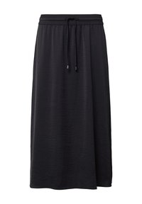Zwarte, knielange rok van zachte stof. Voorzien van een elastische tailleband met een trekkoord en heeft een lichte glans. Geen patronen of accenten.