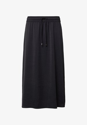 Zwarte, knielange rok van zachte stof. Voorzien van een elastische tailleband met een trekkoord en heeft een lichte glans. Geen patronen of accenten.