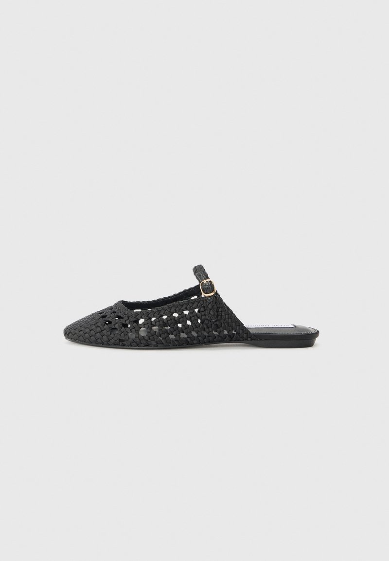 Black woven slingback shoe with a pointed toe, textured material, side buckle detail, and flat sole.