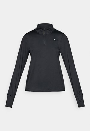 Black long-sleeve athletic top with a half zip, made from lightweight fabric. Features a high collar and thumbholes in the cuffs. Nike logo shown.
