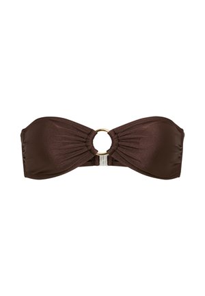 Strapless brown bikini top with ruched fabric and a central gold ring connecting the cups.