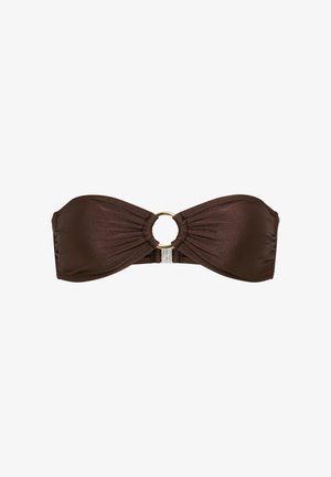 Strapless brown bikini top with ruched fabric and a central gold ring connecting the cups.