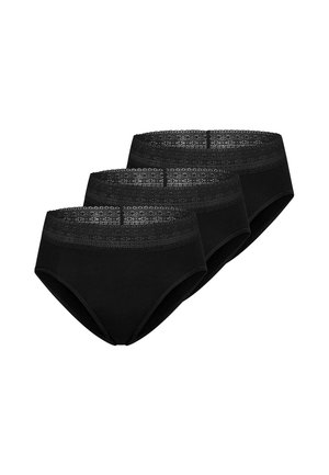 Drei schwarze Damen-Slips mit einem Spitzenbund, überlappend auf weißem Hintergrund angeordnet.