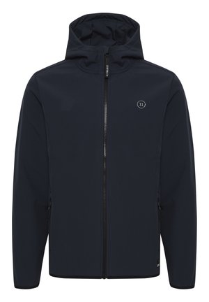 Marineblaues Kapuzenjackett aus weichem, wasserabweisendem Stoff. Verfügt über einen zentralen Reißverschluss, seitliche Taschen und ein kleines Logo auf der Brust.