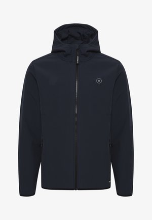 Giacca con cappuccio color blu navy realizzata in tessuto morbido e resistente all'acqua. Presenta una zip centrale, tasche laterali e un piccolo logo sul petto.