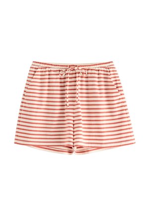 Randiga shorts i ljusröd och krämfärgad. Har resårmidja med dragsko, sidofickor och en avslappnad passform.