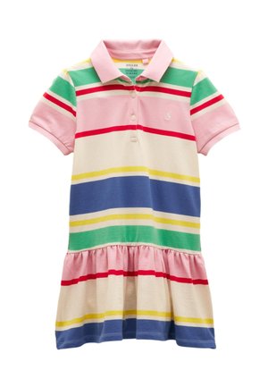 Kortærmet polo-kjole med farverige horisontale striber i pink, grøn, rød, gul, blå og creme, med pink krave og knapstolpe.