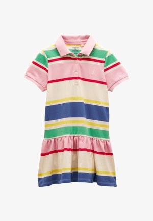 Kortærmet polo-kjole med farverige horisontale striber i pink, grøn, rød, gul, blå og creme, med pink krave og knapstolpe.