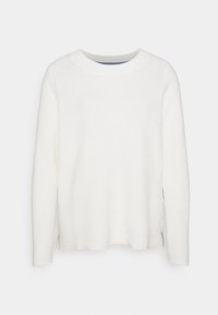 Biała długa bluza z rękawami typu raglan, dzianinowa, o okrągłym dekolcie i małych bocznych rozcięciach u dołu.