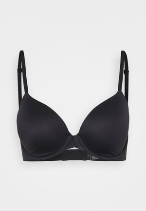 Black padded bra with smooth fabric, adjustable straps, and a hook-and-eye closure. Features a classic triangular cup shape.